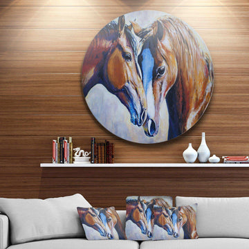 Brown Amorous Horses - Animal Round Metal Wall Art